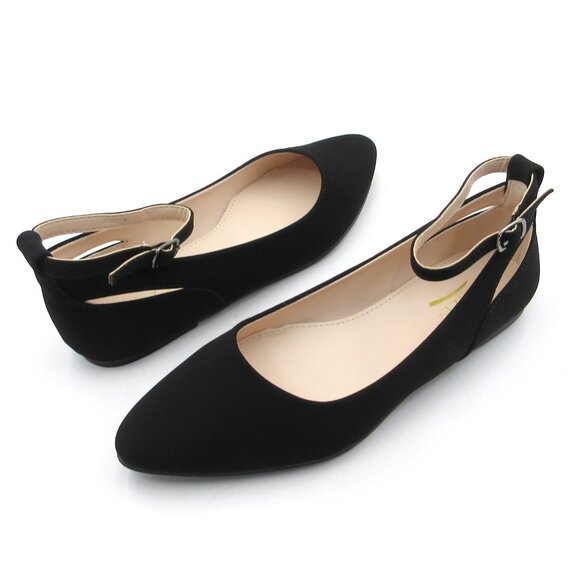 LURNYET Women's BLACK NUBUCK Casual Ankle Strap Pointed Toe Ballet Flats Shoes - Picture 2 of 5